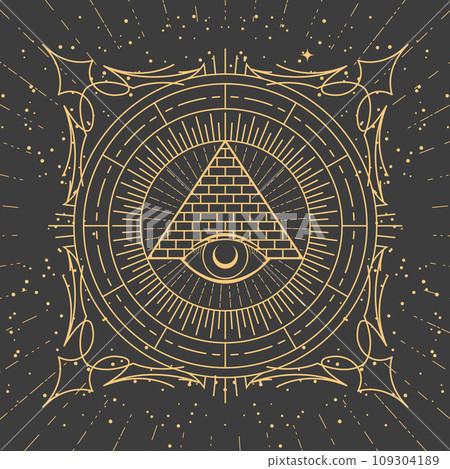 Ornamental frame with pyramid and all-seeing eye, freemason sign and tarot style esoteric patterns Ornamental frame with pyramid and all-seeing eye, freemason sign and tarot style esoteric patterns 109304189