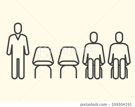 Waiting room icon, row of chairs and men sitting and standing in queue, vector 109304191