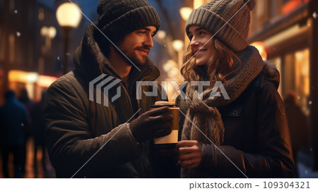 A guy and a girl are standing in a park on a winter evening, holding a paper cup in their hands 109304321