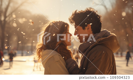 Happy young men and a woman in park in winter in the day lights 109304323