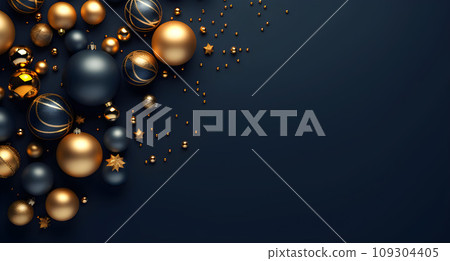 Merry Christmas and Happy New Year background with gold and black baubles. Vector illustration. 109304405
