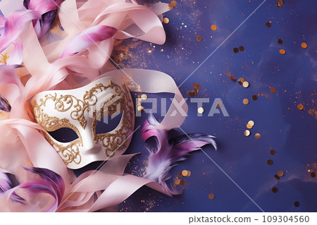 Festive purim carnival background - mask, ribbonds and confetti 109304560