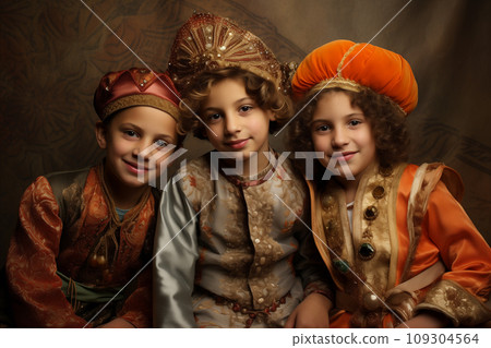 Purim concept - children wear traditional purim costumes Purim concept - children wear traditional purim costumes 109304564