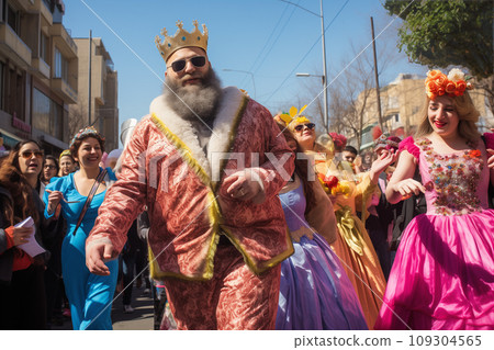 Purim holiday concept - parade with dresses people 109304565