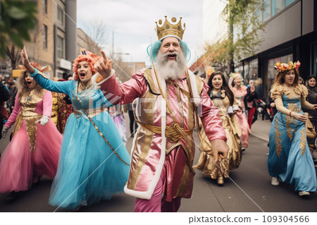 Purim holiday concept - parade with dresses people 109304566