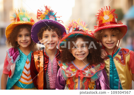 Purim carnival concept - happy festive children wear bright costumes 109304567
