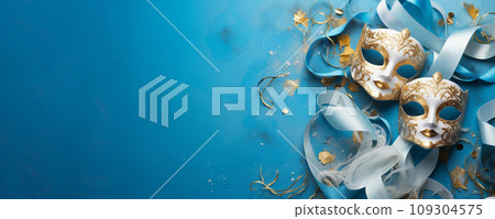 Festive purim carnival background - mask, ribbonds and confetti 109304575