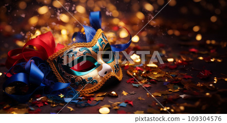 Festive purim carnival background - mask, ribbonds and confetti 109304576