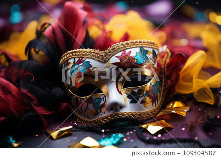 Festive purim carnival background - mask, ribbonds and confetti 109304587
