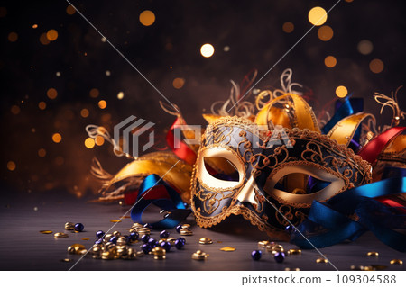 Festive purim carnival background - mask, ribbonds and confetti 109304588