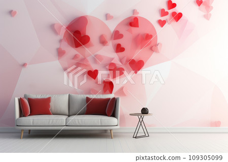 Minimalist living room againtst modern and stylish Valentine's Day wallpaper design featuring an abstract pattern of hearts in shades of red and pink. The hearts are overlapping and vary in opacity. 109305099