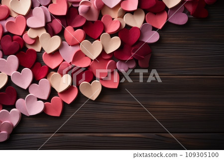 Valentines day romantic background. A handmade paper hearts in various shades of pink and red, arranged on a wooden surface. 109305100