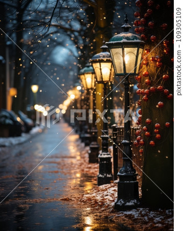 Festive street lamp wrapped in green and red Christmas lights, snowflakes falling, quaint town setting, Festive street lamp wrapped in green and red Christmas lights, snowflakes falling, quaint town setting, 109305109