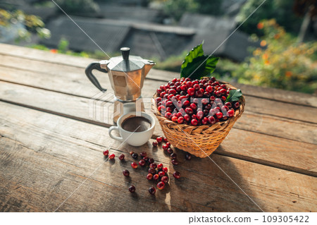 Coffee cherry beans in a basket placed on a wooden table 109305422