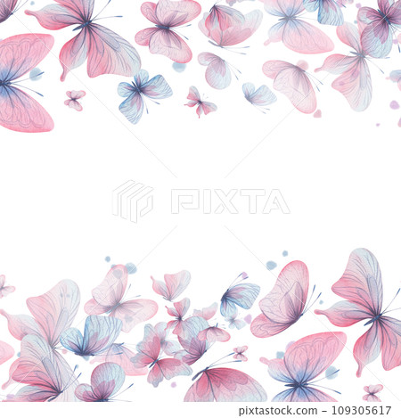Butterflies are pink, blue, lilac, flying, delicate with wings and splashes of paint. Hand drawn watercolor illustration. Frame, banner, template on a white background, for design. 109305617