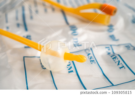 Foley urinary catheter with urine bag for disability or patient in hospital. 109305815