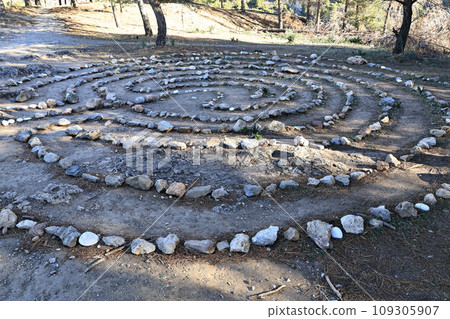 Lined stone circles on the Frigiliana mountain Lined stone circles on the Frigiliana mountain 109305907