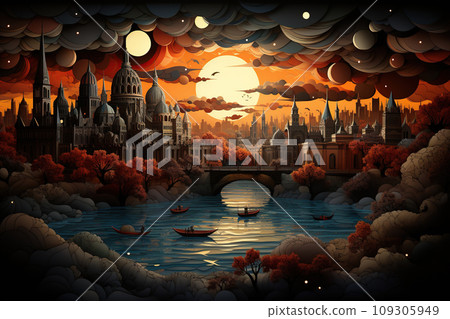 Fantasy Landscape With Mystic City, Generative AI Stock Photo