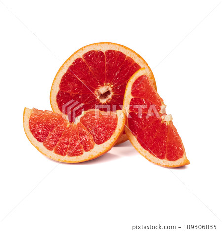 Pink ripe grapefruit slice on white isolated background Pink ripe grapefruit slice on white isolated background 109306035