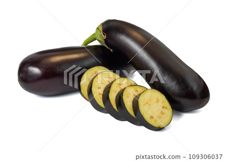 Fresh eggplants isolated on white background with clipping path Fresh eggplants isolated on white background with clipping path 109306037