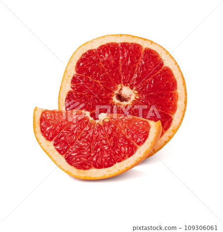 Pink ripe grapefruit slice on white isolated background Pink ripe grapefruit slice on white isolated background 109306061