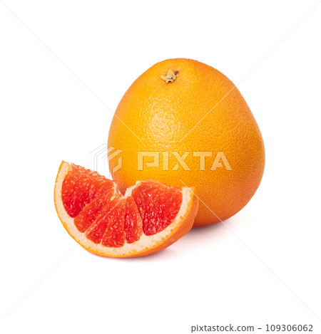 Pink ripe grapefruit slice on white isolated background Pink ripe grapefruit slice on white isolated background 109306062