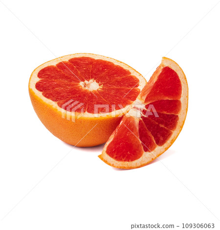 Pink ripe grapefruit slice on white isolated background Pink ripe grapefruit slice on white isolated background 109306063