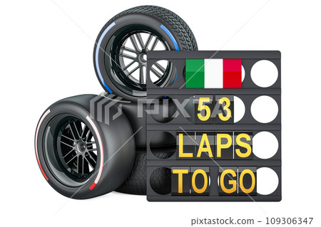 Italian racing, pit board with flag of Italy and racing wheels with different compounds type tyres. 3D rendering 109306347