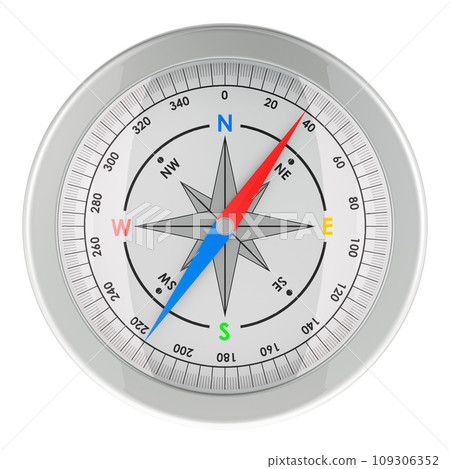 Metallic Magnetic Compass, front view. 3d rendering 109306352