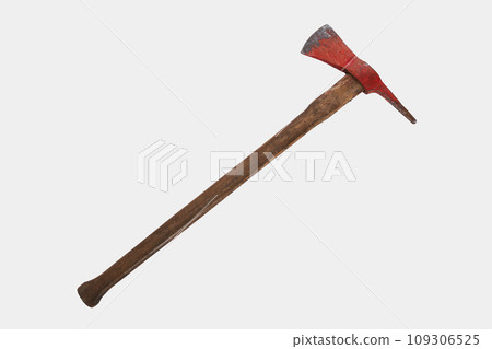 Red wooden fire axe, most common firefighting tool, with copy space. Front view of pick head fire striking ax, isolated on white studio background. Concept of firefighting tools, fire equipment. 109306525