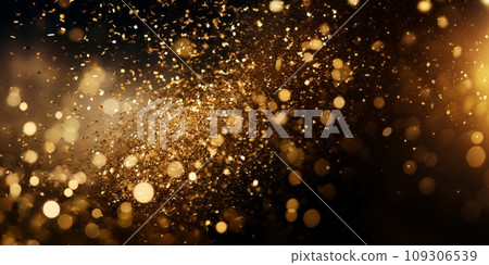 Golden flying glitter particles on black background Golden flying glitter particles on black background 109306539