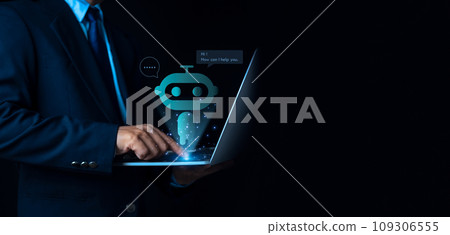 Businessman uses computer to type chat Ask and answer with the artificial intelligence system, chatbot, AI assistant. 109306555