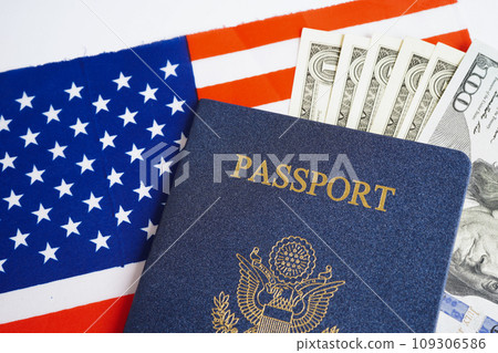 US passport with USA dollar money, American citizen in United States of America. 109306586