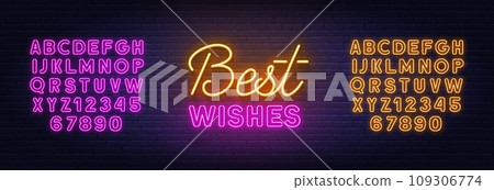 Best Wishes neon lettering on brick wall background. 109306774