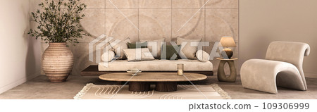 Warm neutral living room with natural elements and furniture 3d render Warm neutral living room with natural elements and furniture 3d render 109306999