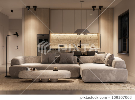 Open-plan living area with plush sofas and warm ambient lighting 3d render 109307003