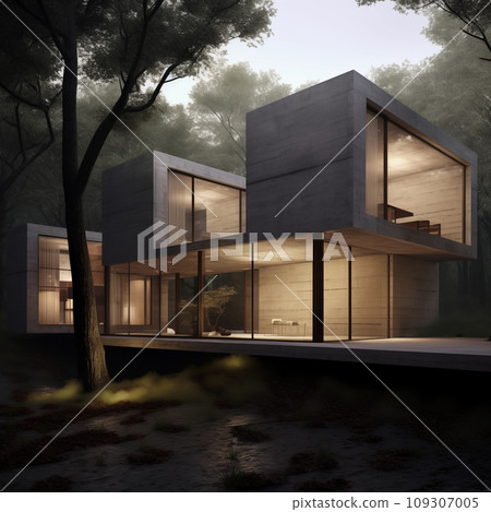 Secluded serenity, modernism amidst the mystical forest. Generative AI 109307005