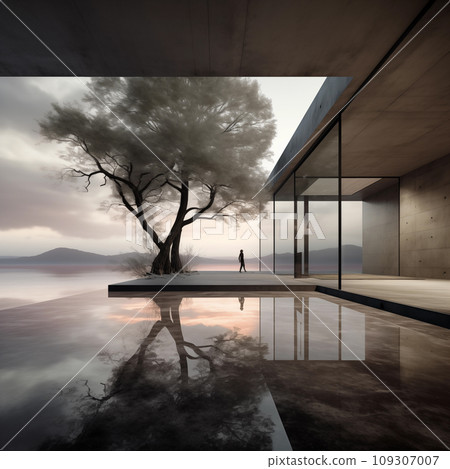 Contemplation at dusk, a solitary figure by a reflective pool. Generative AI 109307007