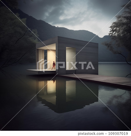 Serene twilight, reflection and architecture in harmony. Generative AI Serene twilight, reflection and architecture in harmony. Generative AI 109307019