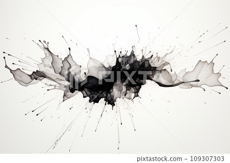 Abstract black splashed ink on white background. Generative AI. 109307303