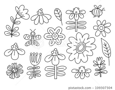 Collection outline flowers. Vector Isolated linear hand drawn plants and insect. 109307304