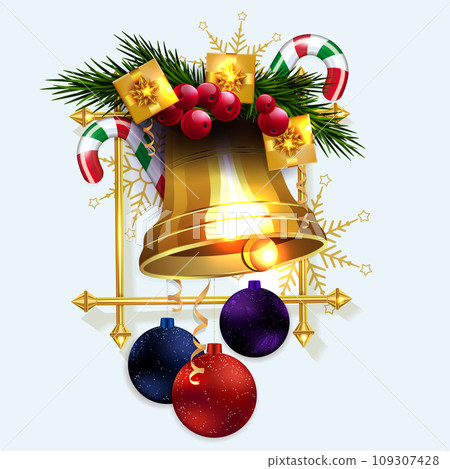 Christmas isolated design element, golden bell with gift boxes 109307428