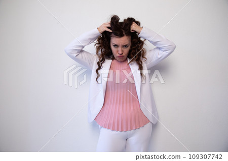 Beautiful brunette woman shaggy hair on white background 109307742