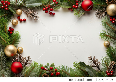 Festive composition of Christmas decorations. Flat lay with copy space. 109308006