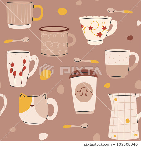 Pattern with various modern cups.Beige tableware 109308346