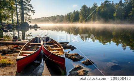 A pair of  canoes parked on a lake with spectacular landscape 109308453