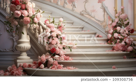 Stairs adorned with a pink and red roses Stairs adorned with a pink and red roses 109308756