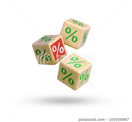Wooden blocks with percentage sign flying over white background. Wooden blocks with percentage sign flying over white background. 109308967