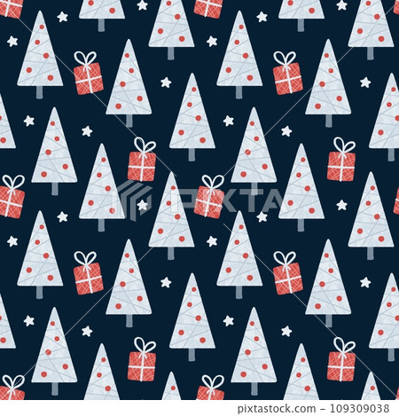 Holiday pattern, Christmas decoration. Forest on blue background. White trees and red gift 109309038