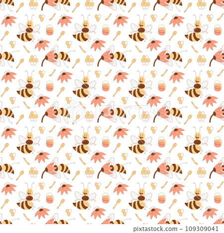 Seamless pattern with cute cheeky bees characters on a white background. Flat color vector illustration. 109309041